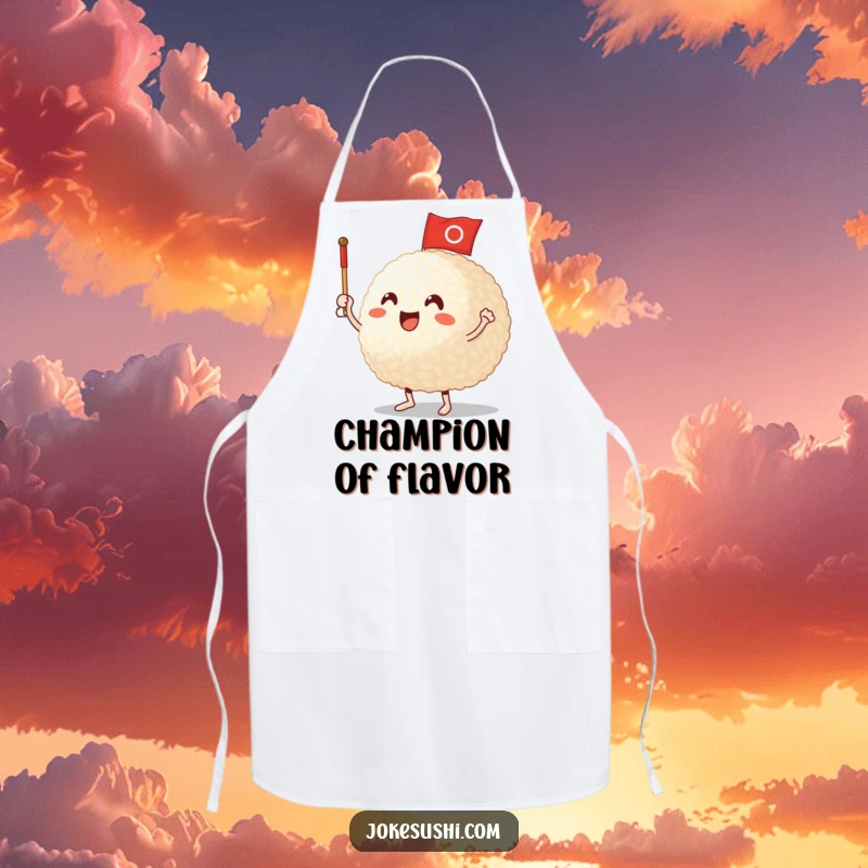 Funny Apron: A rice ball character excitedly waving a flag, a cute and practical funny gift for cooks.
