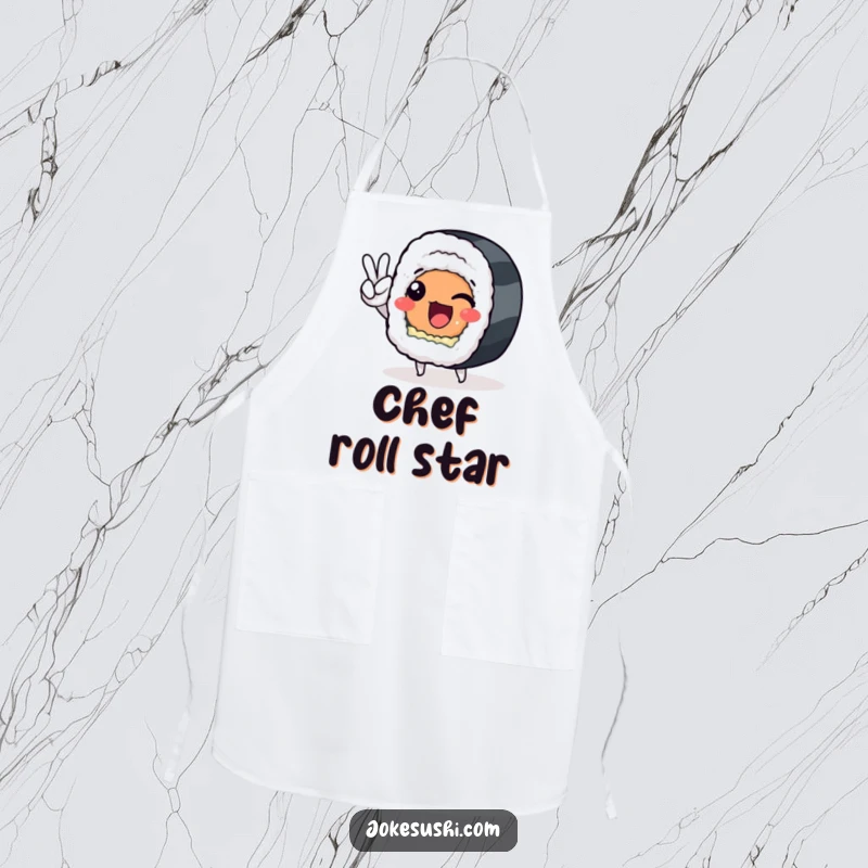 Funny sushi roll character with a peace sign, featured on a kitchen apron, ideal for humorous cooking sessions.