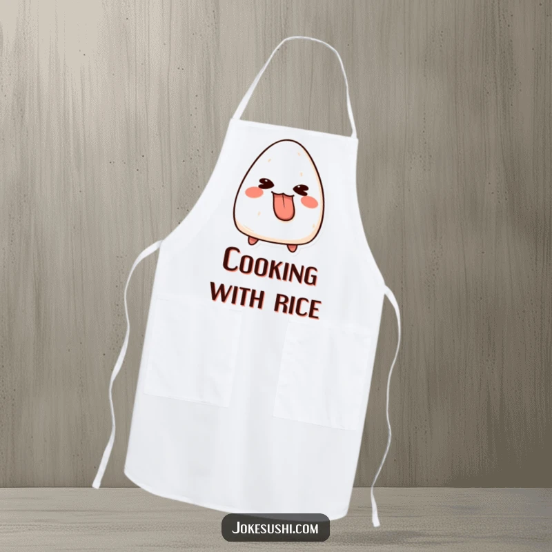 Funny onigiri apron with a mischievous character sticking its tongue out, perfect for a playful cook in the kitchen.