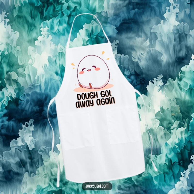 Funny apron print of a wobbly mochi character laughing while rolling downhill, ideal for bakers and dessert enthusiasts who enjoy humor.