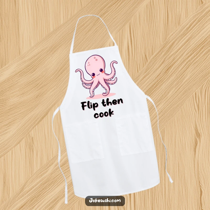 Funny kawaii octopus character in a cartwheel pose with bouncy tentacles, a humorous and practical apron for cooking.