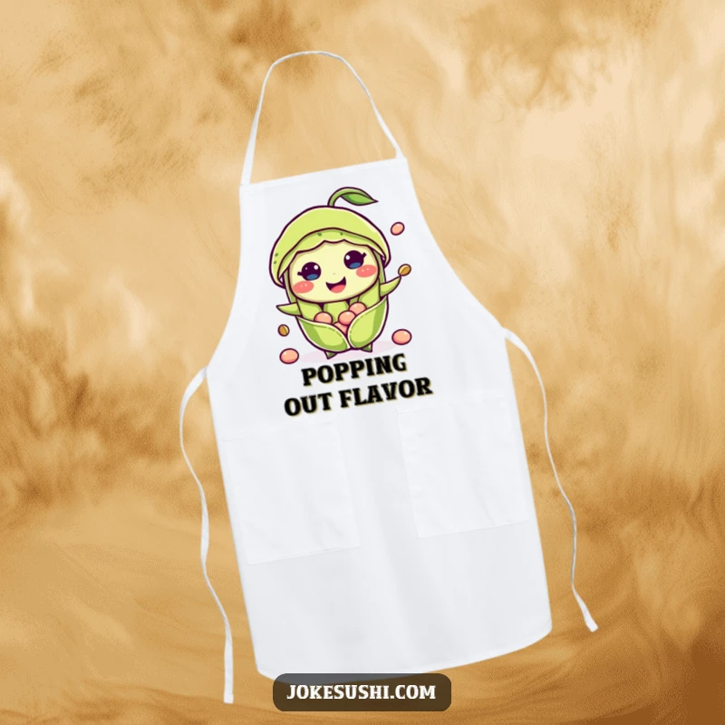 Funny apron print of a smiling edamame pod character with beans popping out, ideal for chefs and home cooks who enjoy healthy humor.