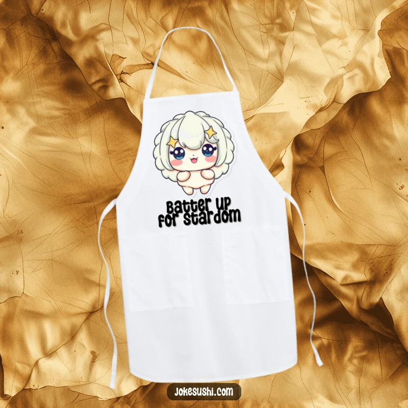 Funny apron print of a tempura piece character with sparkling starry eyes, expressing delight, ideal for chefs and food enthusiasts.