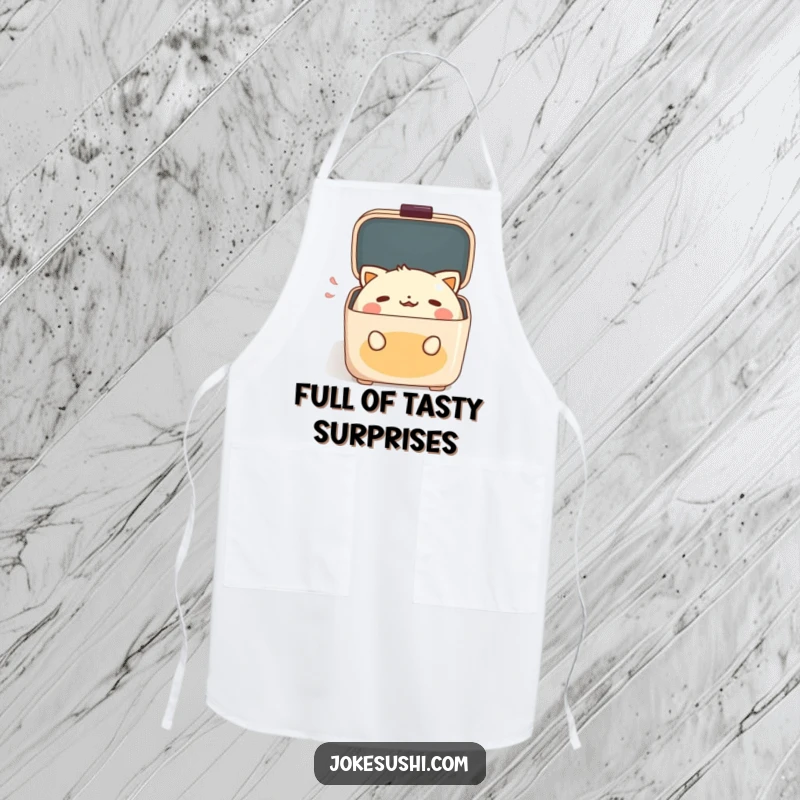 Funny Apron featuring a surprised anthropomorphic bento box character gasping with delight, ideal for kitchen fun.