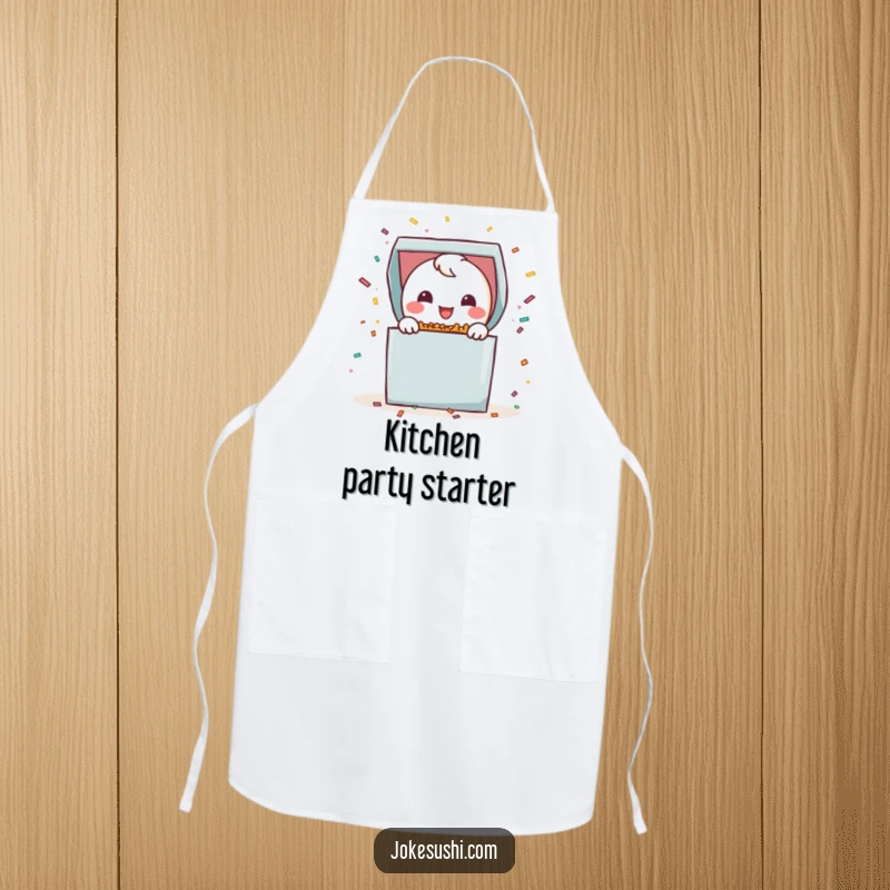 Funny bento box apron with a smiling character popping open with confetti, ideal for a cheerful cook who loves celebrations.