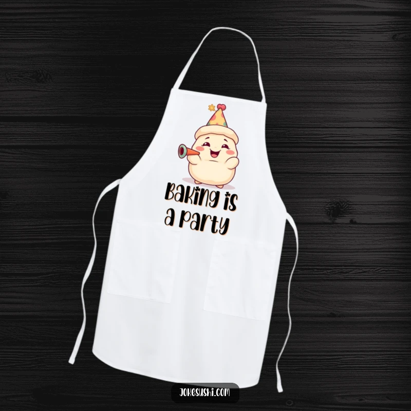 Funny dumpling apron with a grinning character, party hat, and horn, adding a festive and humorous touch to kitchen wear. A culinary celebration.