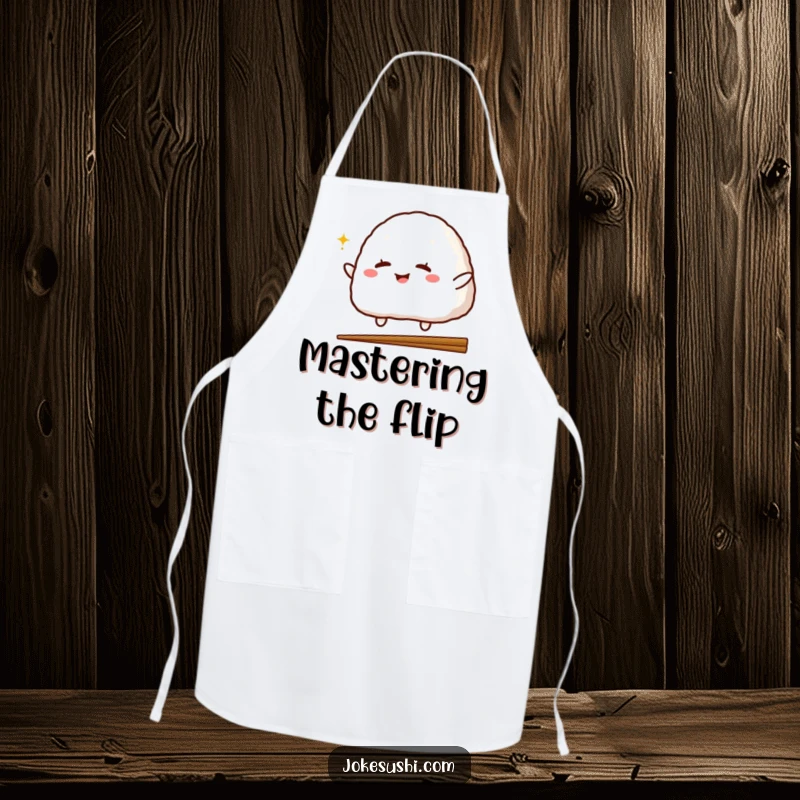 Funny apron designed with a playful onigiri character winking and jumping over a chopstick, perfect for comedic culinary adventures.