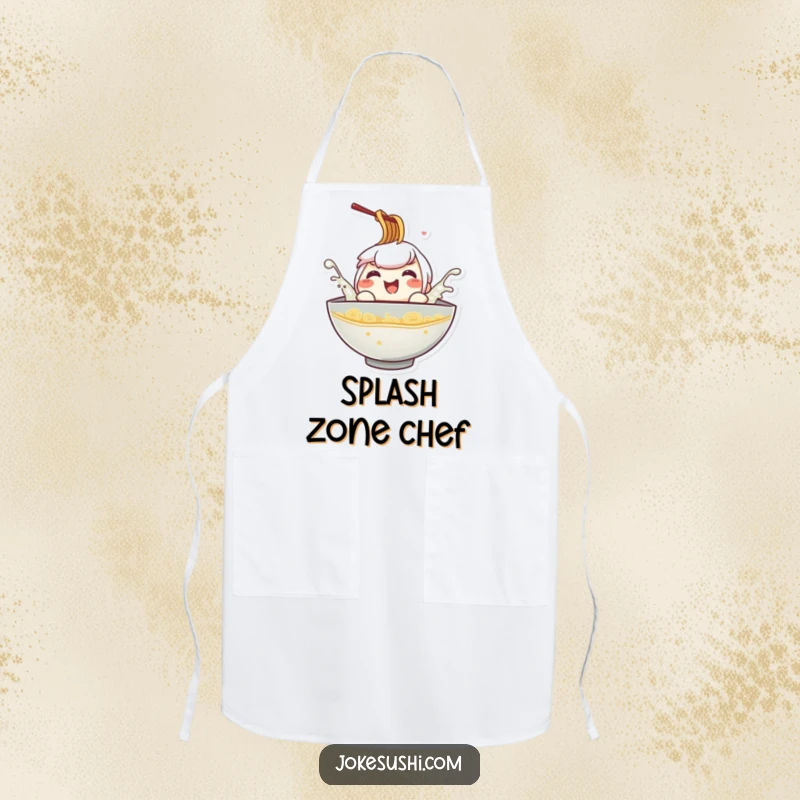 Funny ramen bowl apron, a character splashing playfully in broth, adding a splash of humor to cooking activities.