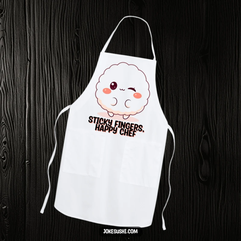 Funny apron showcasing a fluffy rice ball character winking playfully at the viewer, making cooking a fun and humorous activity.