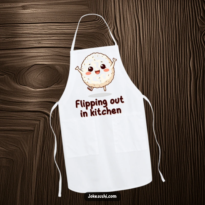 Funny apron designed with a happy rice ball character performing a cartwheel, ideal for kitchen fun and comedic culinary experiences.