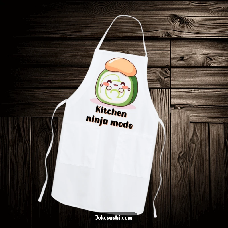 Funny shy cucumber roll apron showing a cute sushi peeking with small hands from behind wasabi, perfect for kitchen fun.
