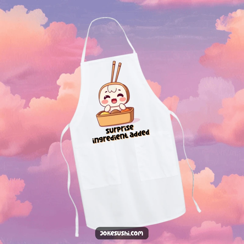Funny apron showing a surprised bento box character with chopsticks sticking out, perfect for adding humorous and unexpected flair to cooking.