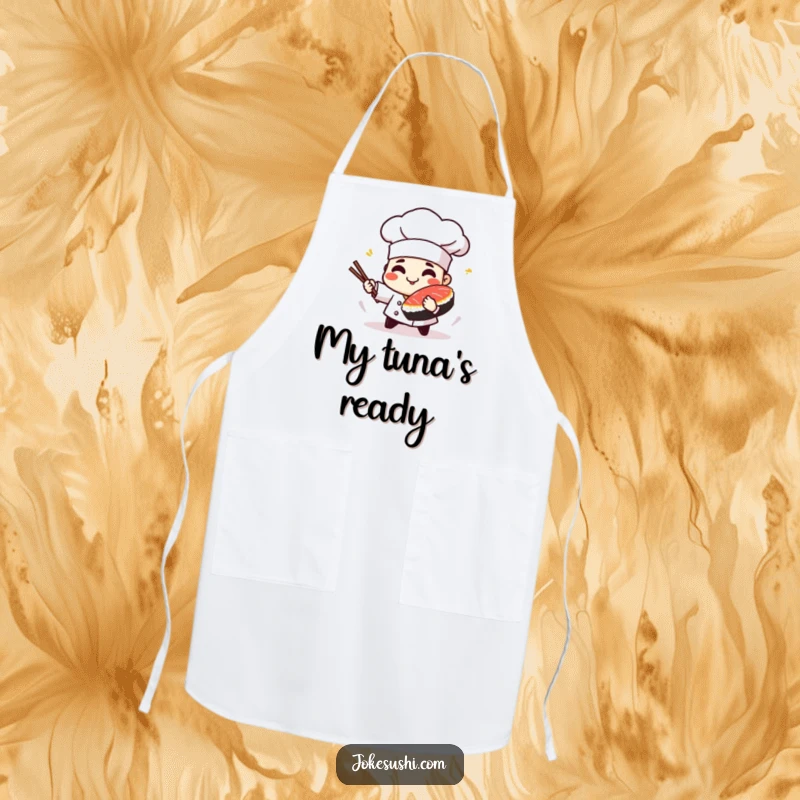 Funny apron with a playful sushi chef character spinning a piece of tuna, ideal for chefs.
