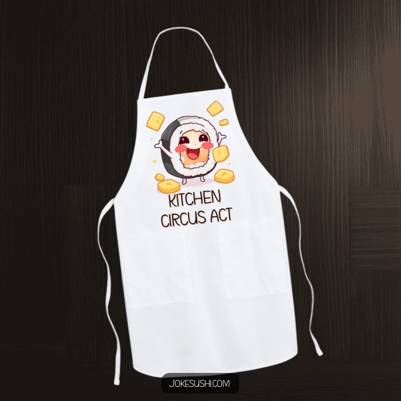 Funny apron showing a happy sushi roll character juggling pickled ginger, perfect for cooking with flair and a sense of humor.