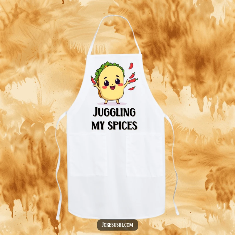 Funny Apron: A smiling taco delightedly juggles chili peppers, a fun and practical funny gift for cooks.