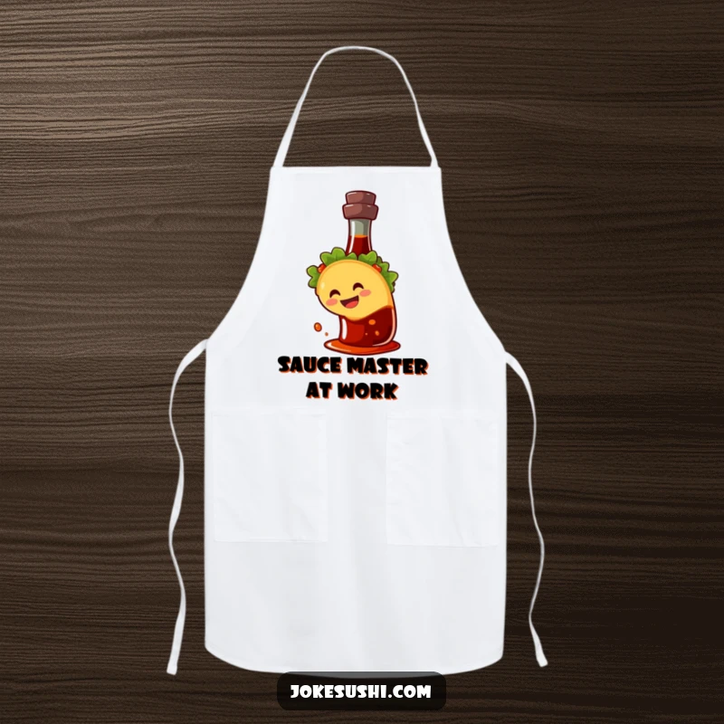 Funny apron featuring a grinning taco character sliding down a soy sauce bottle, a humorous kitchen accessory for cooking.