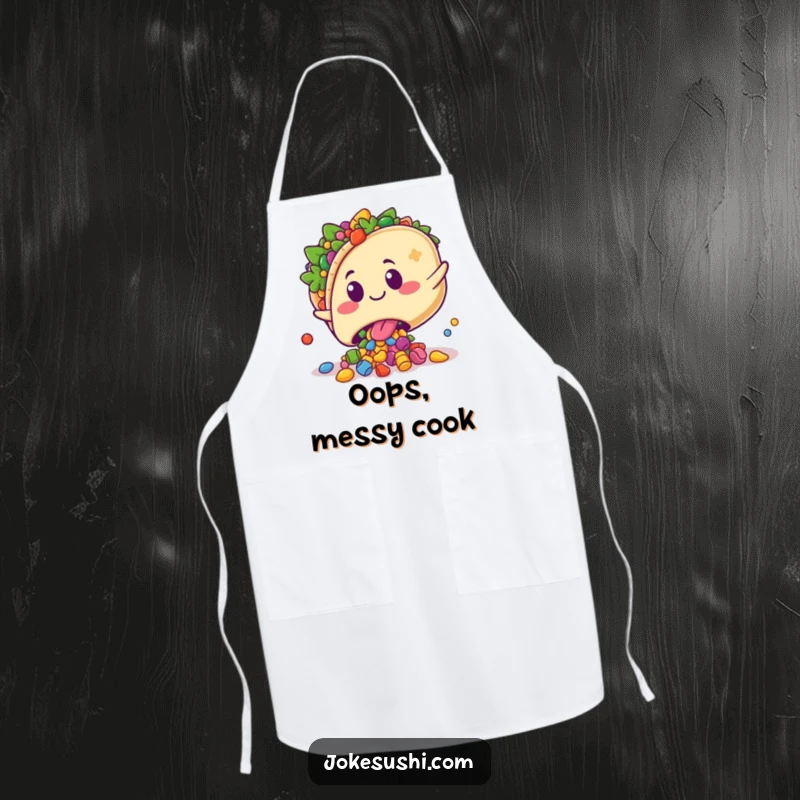 Funny apron with a kawaii taco character playfully tripping, spilling colorful fillings with a surprised grin, perfect kitchen attire.