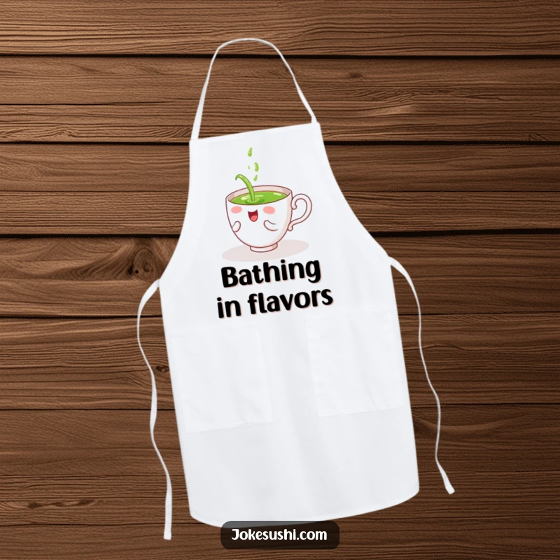 Funny apron showing a giggling tea cup character hilariously pouring green tea on itself, perfect for cooking with whimsical flair.
