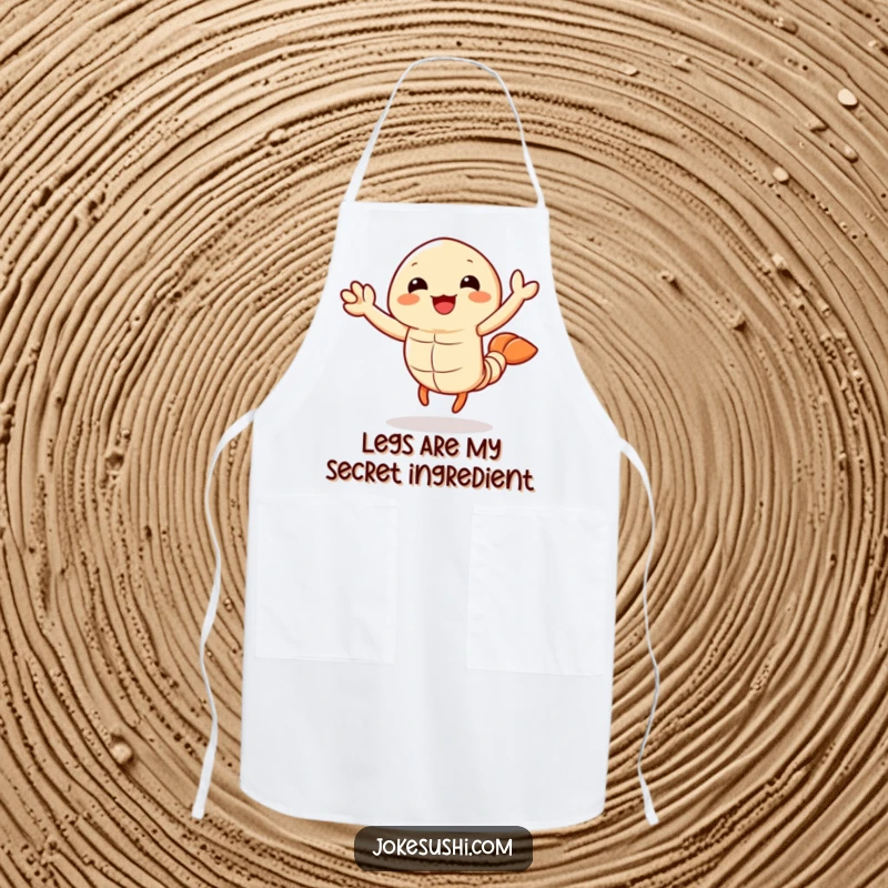 Funny tempura shrimp apron showing a cheerful character waving its legs, ideal for kitchen fun and protection during cooking.