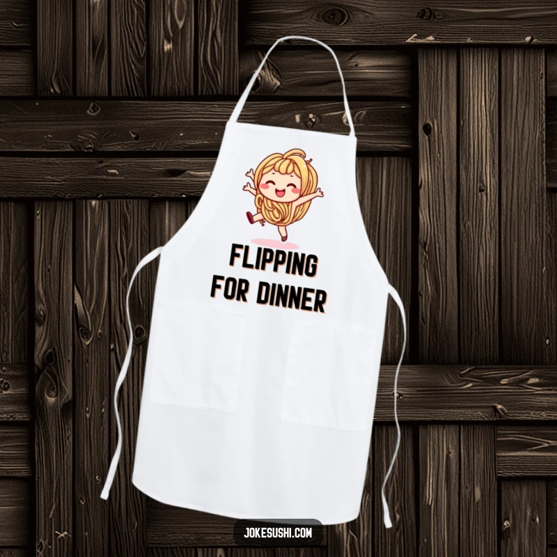 Funny apron adorned with a smiling udon noodle character doing a cartwheel, perfect for a cheerful cooking experience.