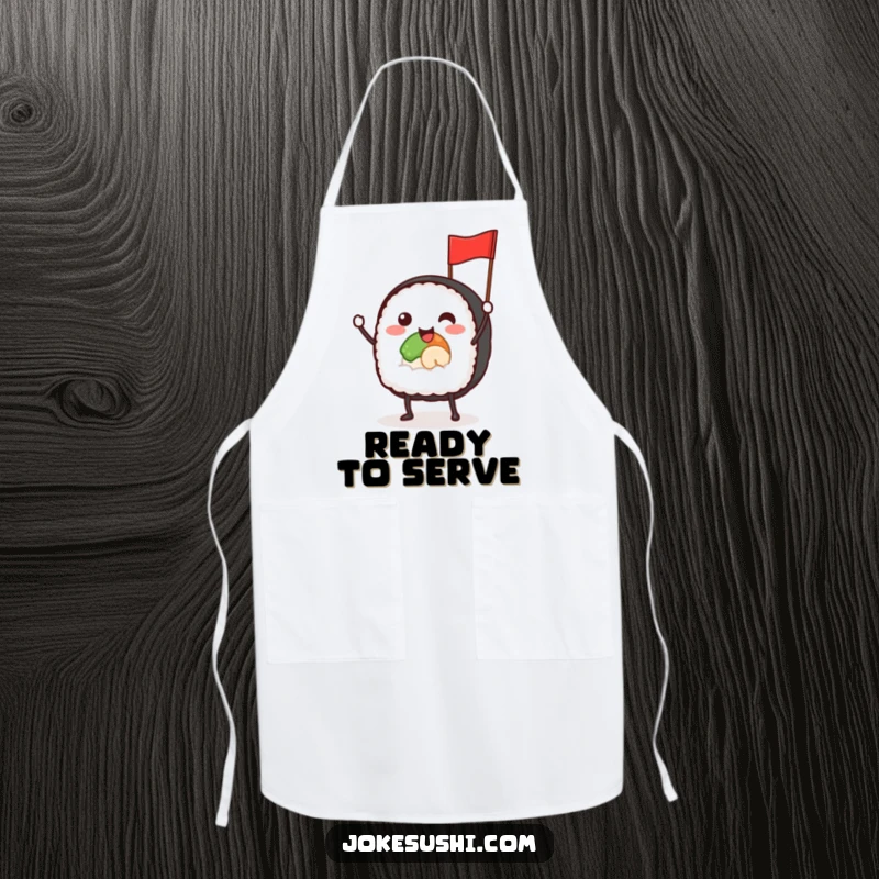 Funny apron showing a smiling sushi roll character with tiny legs, waving a small flag, ideal for kitchen cheer.