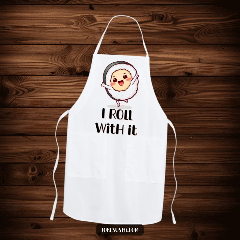 Funny sushi roll apron with a cheerful character performing a cartwheel, a humorous kitchen accessory for chefs.