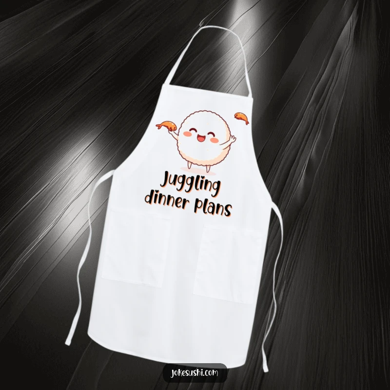 Funny rice ball apron with a smiling character juggling shrimp, a humorous kitchen accessory for chefs.