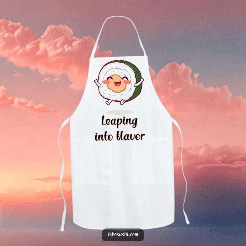 Funny sushi roll apron, a character with legs jumping, adding a splash of humor to cooking activities.