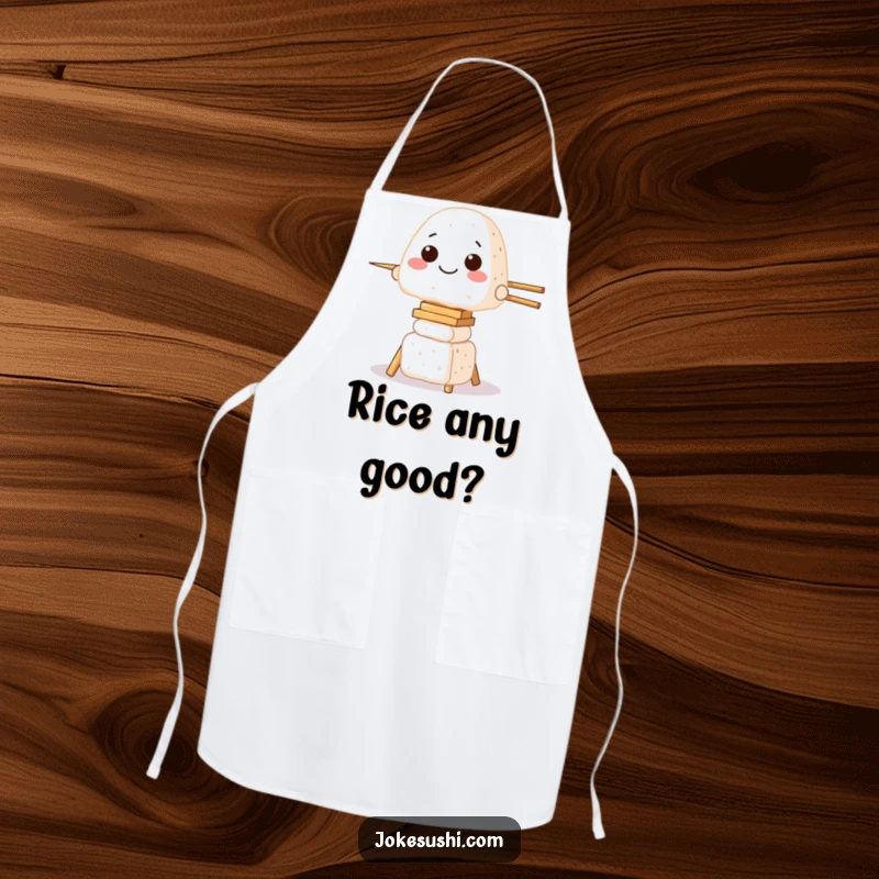 Funny apron with a grinning onigiri character attempting to balance on a tower of chopsticks, perfect for a humorous cooking experience.