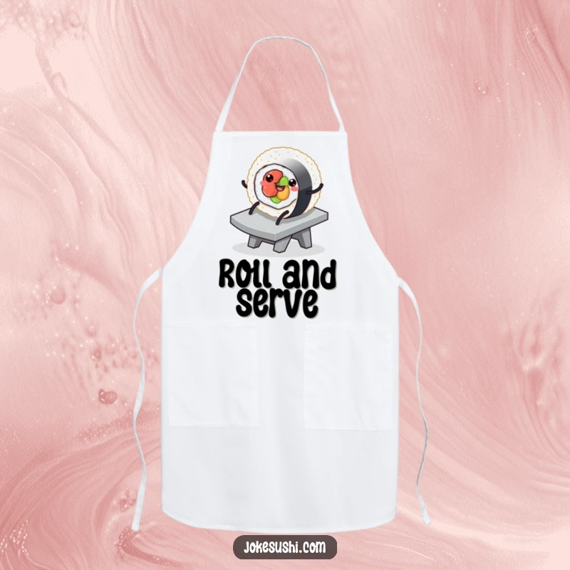Funny apron showing a sushi roll character with legs happily sliding down a slippery ramp, adding a playful element to kitchen tasks.