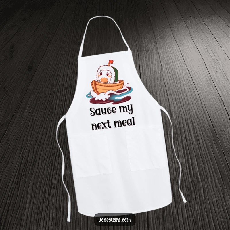 Funny Sushi Boat Apron: A contented sushi boat character sailing on a soy sauce wave, ready for kitchen duties.