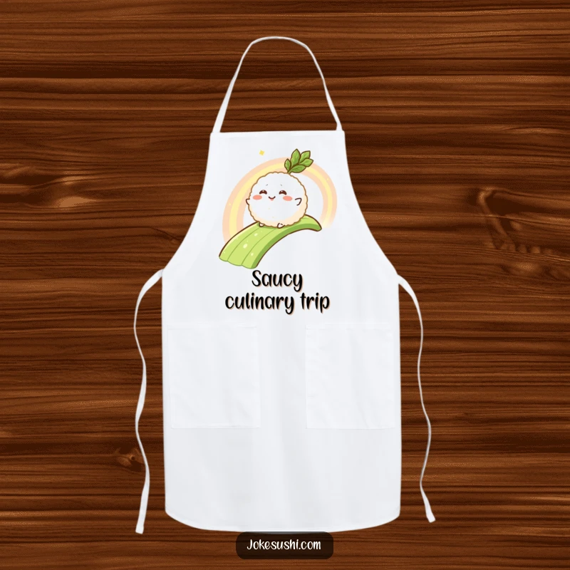 Funny apron showing a smiling rice ball character sliding down a wasabi rainbow, perfect for culinary adventures with a kick.