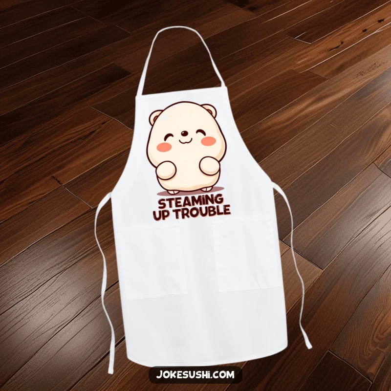 Funny apron featuring a smiling dumpling peeking from behind hands, designed for cooks who enjoy kawaii style and kitchen humor.