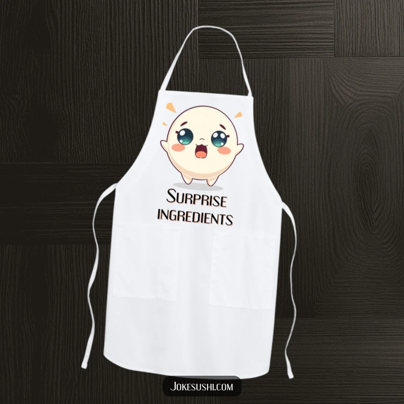 Funny mochi apron with a surprised character energetically bouncing, adding a fun and spirited touch to kitchen wear. A humorous culinary companion.