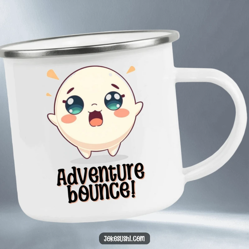 Funny mochi camping mug with a surprised character energetically bouncing, designed for outdoor fun. A durable and humorous drinkware.
