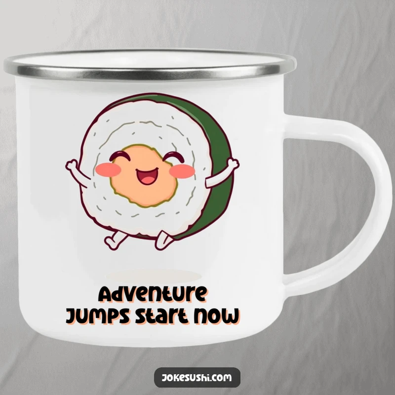 Funny sushi roll camping mug, character with legs joyfully jumping, perfect for outdoor fun and humorous beverages.
