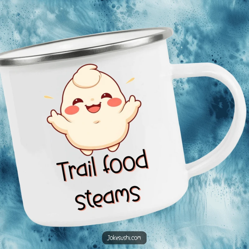 Funny camping mug with a grinning dumpling character enthusiastically gesturing its sides, perfect for outdoor fun.