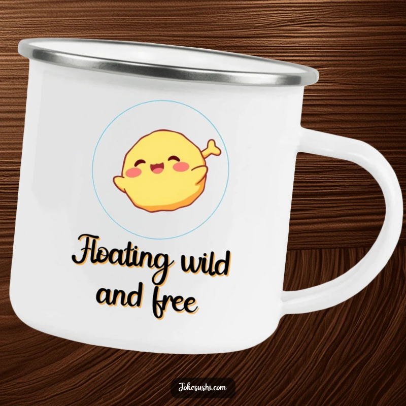 Funny Camping Mug featuring a giggling tempura character joyfully floating on a bubble, perfect for outdoor enjoyment.