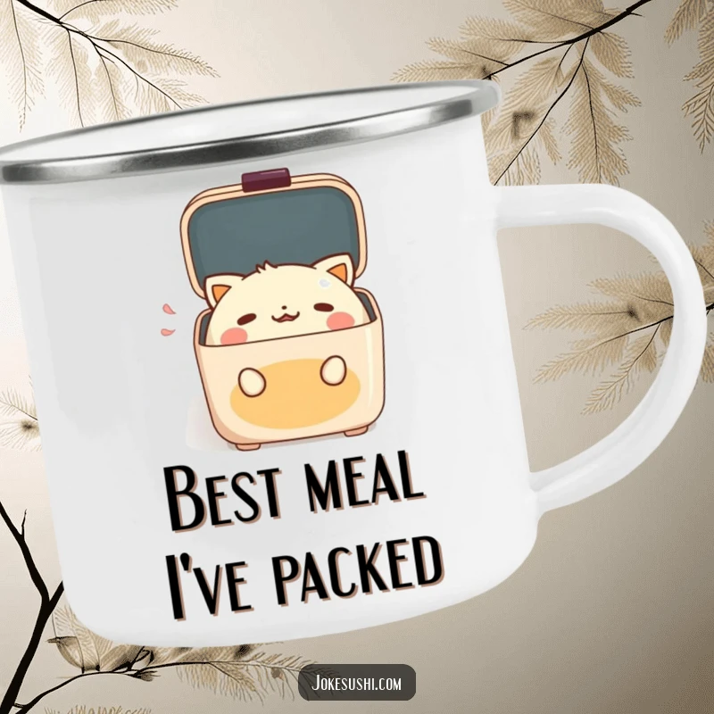 Funny Camping Mug with a bento box character expressing a delighted gasp, perfect for outdoor coffee lovers.