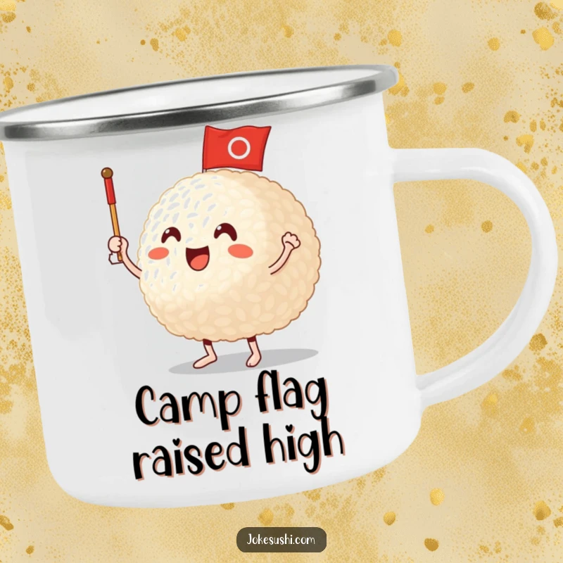 Funny Camping Mug: A happy rice ball character waving a miniature flag, ready for outdoor fun, a durable and funny gift.
