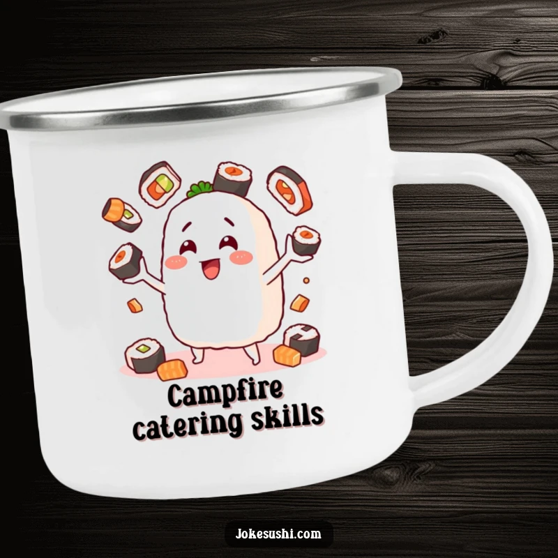 Funny enamel camping mug with a cheerful onigiri character juggling sushi, ideal for outdoor enthusiasts and Japanese food lovers.