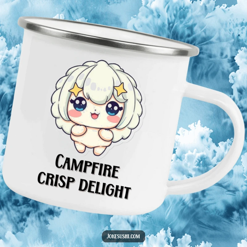 Funny enamel camping mug with a happy tempura piece character with bright starry eyes, ideal for outdoor enthusiasts and food lovers.