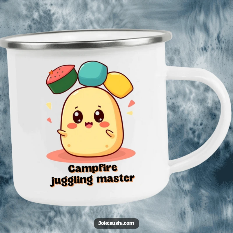 Funny Tamagoyaki Camping Mug: A cheerful tamagoyaki with wide eyes juggles colorful roe during an outdoor meal, a humorous camping essential.