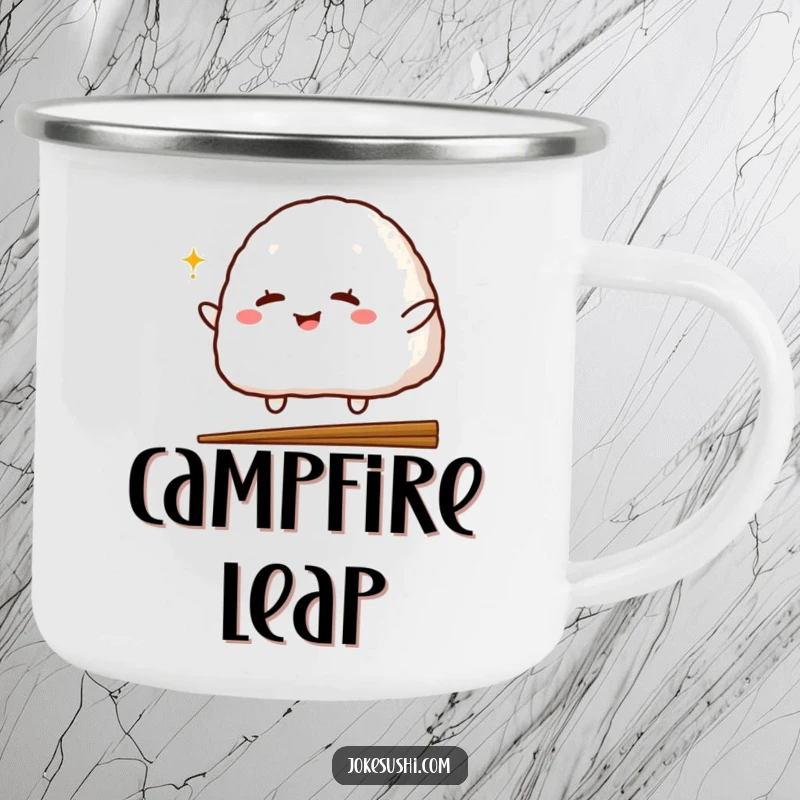 Funny camping mug with a winking onigiri character jumping over a chopstick, designed for adventurous spirits who enjoy durable, humorous travel gear.