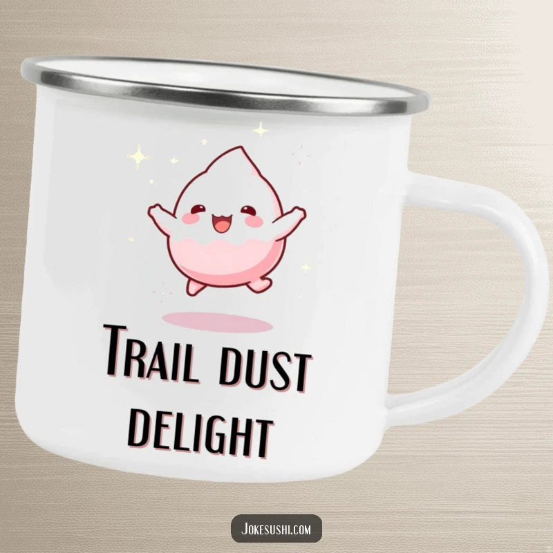Funny camping mug showcasing a playful mochi character bouncing gleefully with a trail of sparkling dust, perfect for outdoor fun.