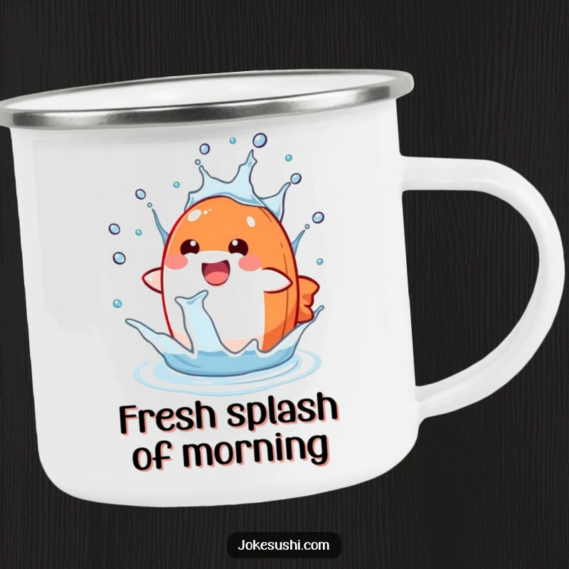 Funny salmon nigiri camping mug with a delighted character splashing in a water drop, ideal for adventures.