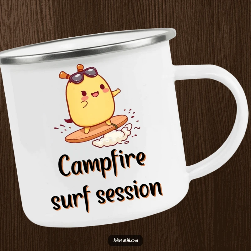 Funny camping mug with a tamagoyaki character surfing on nori, perfect for outdoor adventurers.