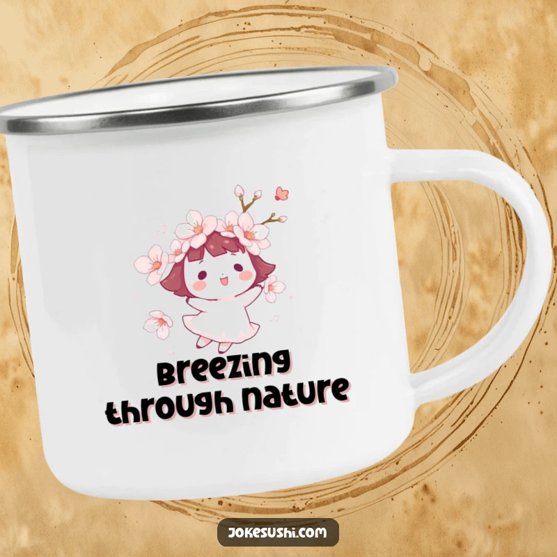 Funny cherry blossom camping mug with a character happily floating on a gentle breeze, perfect for enjoying nature with a touch of humor.