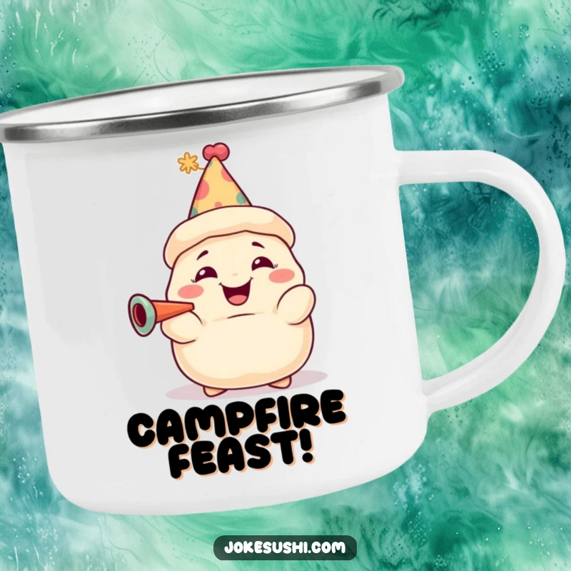 Funny dumpling camping mug with a grinning character, party hat, and horn, for outdoor celebrations. A durable and humorous drinkware.
