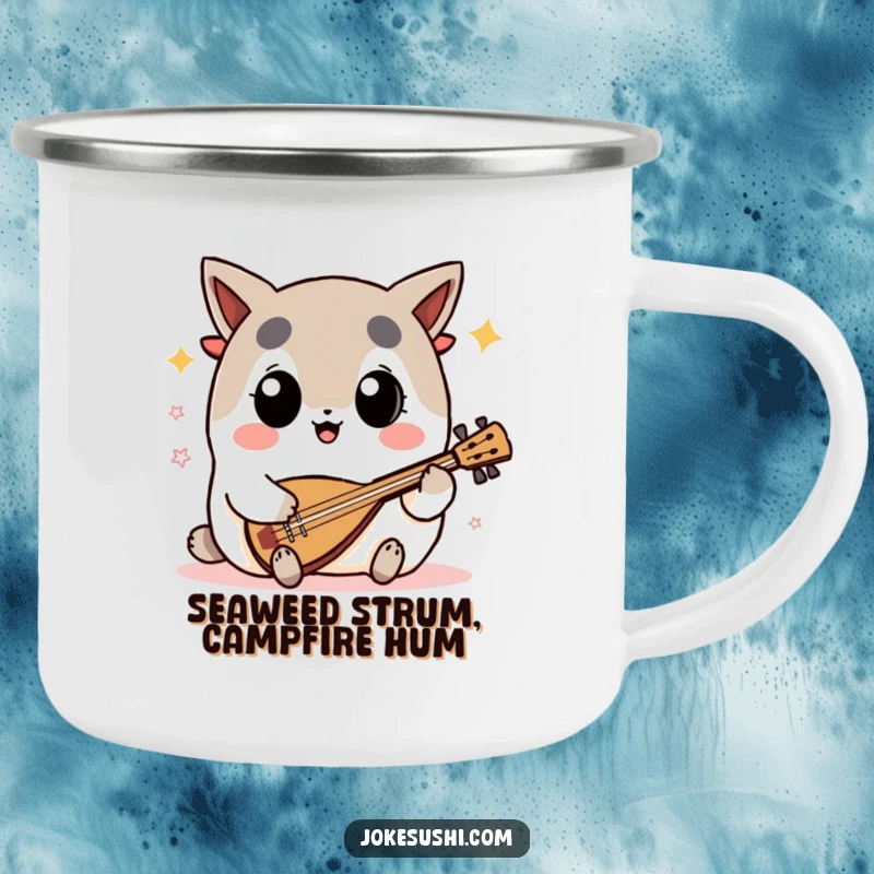 Funny nori seaweed camping mug with a big-eyed character enthusiastically playing a shamisen, designed for outdoor enjoyment and musical humor.